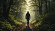 © wiwat apisithpinyo - Silhouette of a Figure Walking on a Sunlit Path Through Lush Forest with Green Leaves