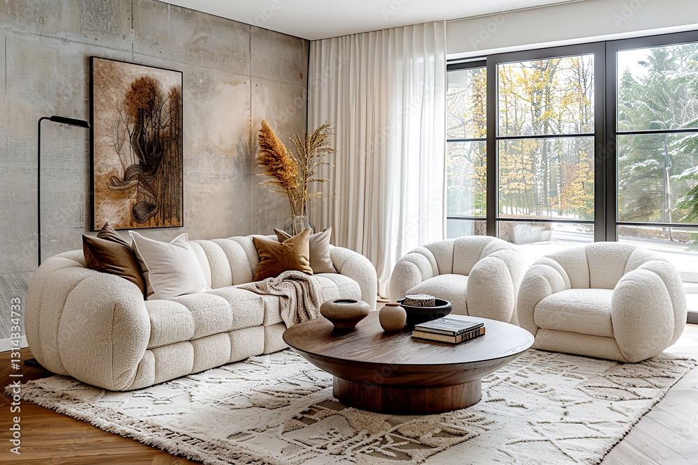 Minimalist home interior design of modern living room with concrete ...
