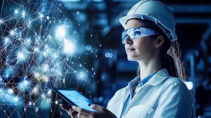 Poster - Focused engineer interacts with futuristic digital network