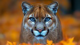 Cougar stares for autumn leaves, forest.