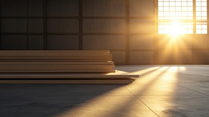 Poster - Sunlight streaming through a warehouse window illuminating stacked wooden planks on the floor