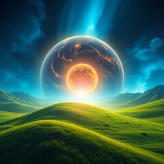Wall Mural - digital_landscape_with_glowing_sphere_of_quantum