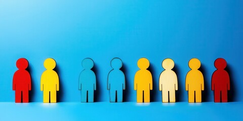 Poster - Diverse group unity and mutual support. Colorful paper cutouts of people arranged in a line against a blue background.