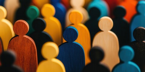 Poster - Diverse group unity and mutual support. Colorful wooden figurines arranged to represent a diverse crowd of people.