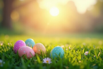  Sunrise paints pastel hues on scattered Easter eggs in a lush green field , christianity, joy, vibrant