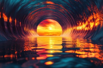 Poster - Vibrant abstract background featuring a colorful tunnel and portal with sunset reflections on water