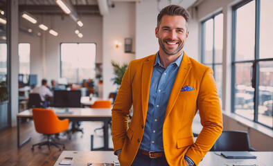 Poster - Man in a yellow jacket is smiling and posing for a picture. The room he is in has a professional atmosphere with several chairs and a potted plant