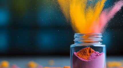 Poster - Jar of colorful powder is sitting on a table. The jar is filled with a mixture of red, yellow, and orange powders. The colors are vibrant and eye-catching, creating a sense of energy and excitement
