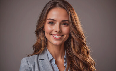 Poster - Woman with long brown hair and a blue shirt is smiling. She is wearing a gray jacket