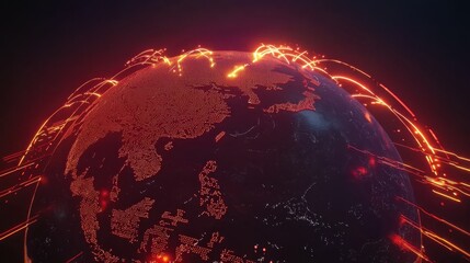 Poster - Futuristic 3D Earth with glowing neon lines representing global data transfer, showcasing the interconnected world of modern communication.