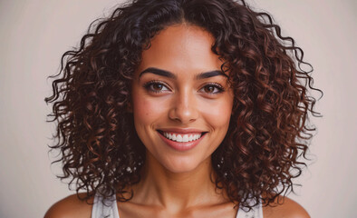 Aufkleber - Woman with curly hair is smiling and looking at the camera. She has a bright and happy expression on her face
