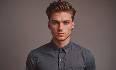 Aufkleber - Man with a beard and earrings is wearing a blue shirt. He is standing in front of a gray background