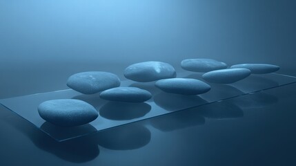 Poster - smooth stones arranged on a glass surface, illuminated with soft blue light, creating a serene atmos