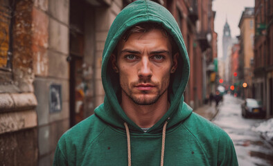 Poster - Man wearing a green hoodie is standing on a city street. The hoodie is pulled up over his head, and he is looking directly at the camera. The scene is set in a city with a mix of buildings and cars