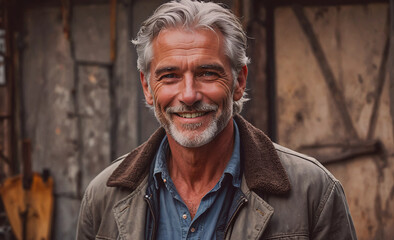 Poster - Man with a beard and gray hair is smiling. He is wearing a brown jacket and blue shirt