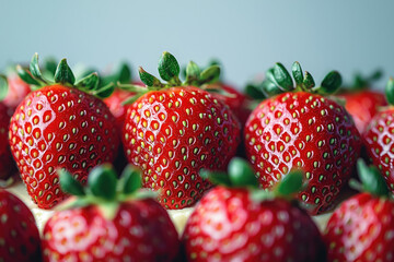 Poster - Close-up of ripe, red strawberries, glistening with freshness, arranged in a row.