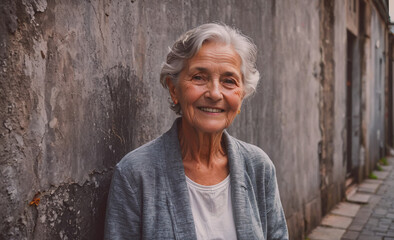 Aufkleber - Woman with gray hair is smiling and standing in front of a wall. She is wearing a gray jacket and a white shirt