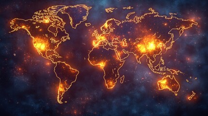 Poster - Neon-lit world political map with vibrant trade routes linking continents, showcasing global commerce and the interconnected nature of the world.