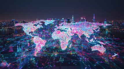 Poster - Neon-lit world political map with vibrant trade routes linking continents, showcasing global commerce and the interconnected nature of the world.