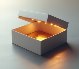 Poster - Minimalist open white box with golden interior on gray background photorealistic modern mockup