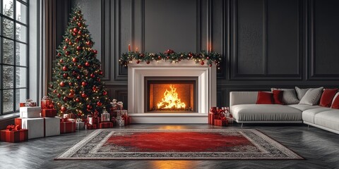 Aufkleber - Cozy Minimalist Christmas Living Room Scene with Decorated Tree and Fireplace for Holiday Comfort