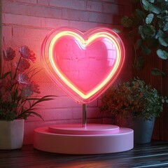 Poster - Valentine's Day love concept podium with heart-shaped neon light and soft pink ambiance