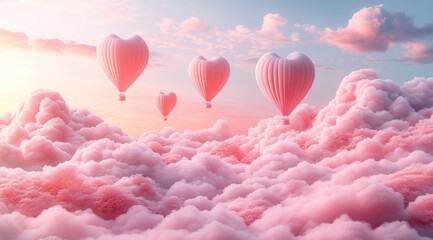 Poster - Valentine's Day Love Scene with Heart-Shaped Hot Air Balloons in Minimalist 3D Design