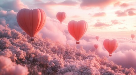 Poster - Heart Shaped Hot Air Balloons in Pastel Pink Sky Minimalist 3D Artwork for Valentine's Day Event