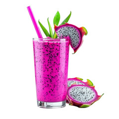 Poster - Delicious pink dragon fruit smoothie in tall glass with straw, garnished with fresh leaves and slices of dragon fruit. refreshing and vibrant drink perfect for summer