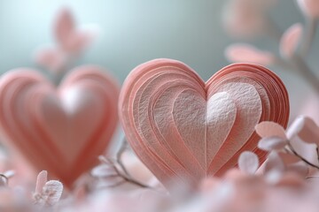 Poster - Pink paper hearts in delicate Asian style for Valentine's Day festive background with gentle pastel color and airy romantic atmosphere
