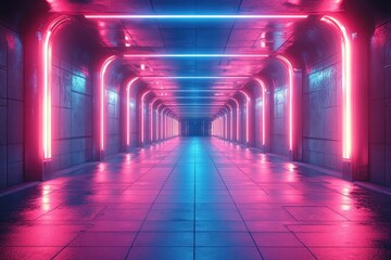 Poster - Futuristic Sci-Fi Corridor Neon Lighting Cyberpunk Style Abstract Background
