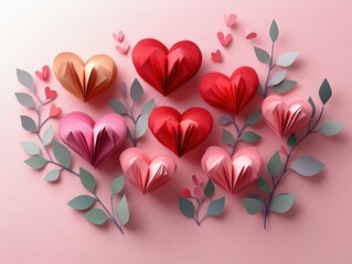 Poster - Romantic paper hearts on pastel pink background for Valentine's Day wedding anniversary with red and pink origami hearts flying and gentle copy space