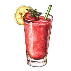 Poster - Refreshing strawberry smoothie with lemon slice and green straw