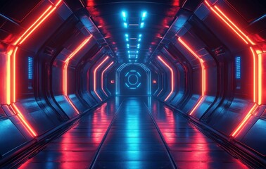 Poster - Futuristic Sci-Fi Chamber with Neon Lights and Metallic Surfaces for Product Showcase