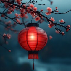 Poster - Lantern Blossoms Red Chinese New Year Smoky Background Floral Tradition Culture Celebration Asian Design