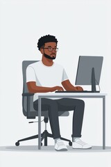 Poster - Man working at a desk with computer in a minimalist workspace