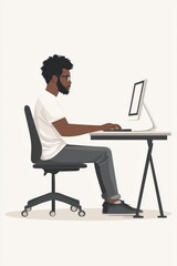 Poster - Focused young man working at a desk with a computer in a minimalist setup