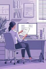 Poster - Professional woman working at desk with documents in modern office setup