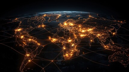 Poster - World map with neon trade routes weaving through continents, demonstrating the flow of global commerce and the interconnectivity of nations.