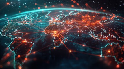 Poster - World map with neon trade routes weaving through continents, demonstrating the flow of global commerce and the interconnectivity of nations.