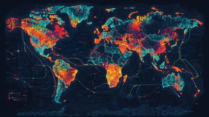 Poster - World map with neon trade routes weaving through continents, demonstrating the flow of global commerce and the interconnectivity of nations.