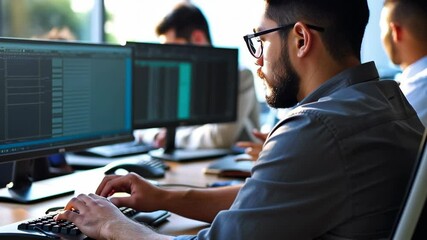 Young male programmer typing code on a laptop in a modern office, focused on the screen, working on software development, technology and coding concept