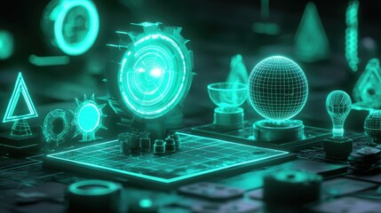 Poster - Futuristic Digital Objects in Neon Green Glow with Geometric Shapes