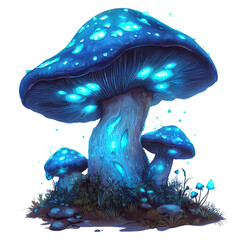 Aufkleber - Glowing blue mushrooms in mystical forest setting, showcasing vibrant colors and intricate details, creating enchanting atmosphere of fantasy and wonder