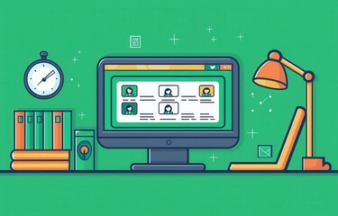 Poster - Flat vector desktop with online profiles and office supplies