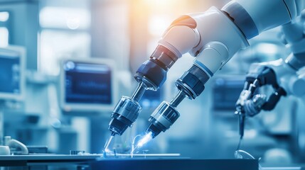 Fototapete - Advanced Robotic Arm Performing Precision Work in Modern Laboratory