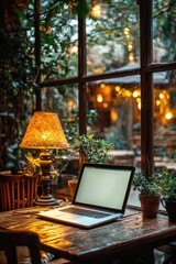Poster - Open laptop on a table in a cozy cafe with warm lighting