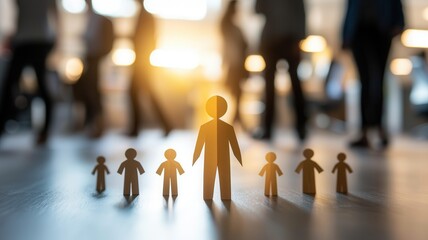 Poster - Inspirational coaching. Silhouetted people with a focus on a standout figure in a workplace setting.