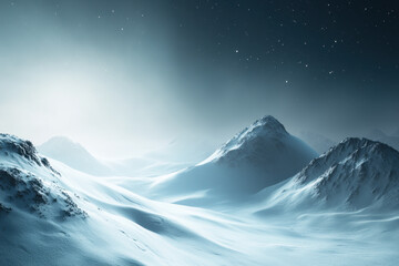 Wall Mural - A serene winter night landscape showcasing snow-covered mountains under a starlit sky, evoking a sense of peace and wonder in a pristine natural setting.