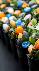 Poster - Colorful Arrangement of Floral Decorations with Stones and Leaves in Black Vases for Interior Design Aesthetics